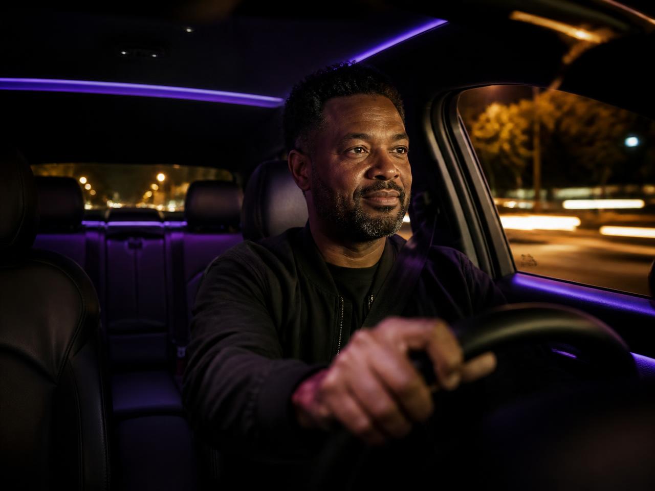 Rideshare driver at night with purple ambient interior lighting
